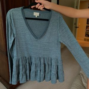 Anthro Slate Blue Long-Sleeve Ruffle Blouse